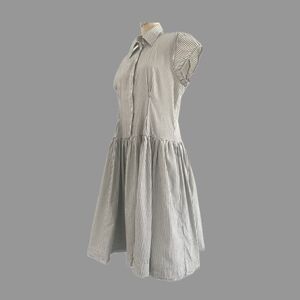 Norma Kamali Ivory Black Striped Drop Waist Cotton Midi Dress Womens Size L